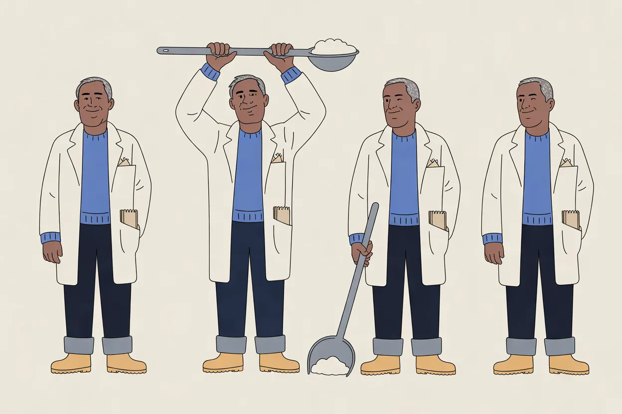 The Fog Scooper character sheet on a warm cream background: four full-length views facing front, in the cream coat, periwinkle sweater, rolled dark trousers and tan boots, with a small notebook in his coat pocket. He stands smiling with one hand at his side; lifts the long silver scoop above his head with both hands, a heap of cream fog in its bowl, with a crooked smile; winks while holding the scoop with its fog-filled bowl resting on the ground; and stands winking with one hand at his side.